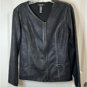 Style & Co black zip front sweater faux aged leather look size S